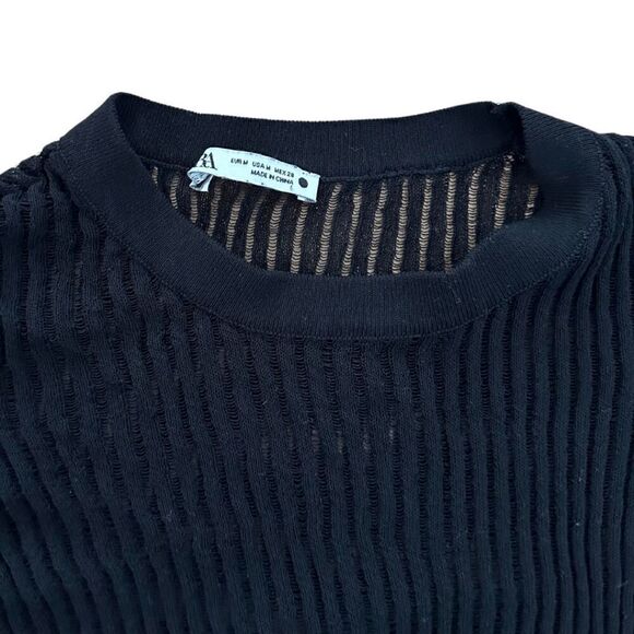 Zara Womens Black Short Sleeves Pullover Striped See Through T-Shirt Medium - Picture 4 of 4